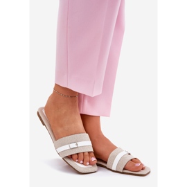 Flat-Frauen-Flip-Flops mit beige-weißem Gürtel und Schnalle 1