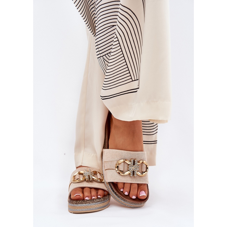 Boto Damenflip Flops auf der Plattform mit Glitzer und einem goldenen Dekoration Beige 2