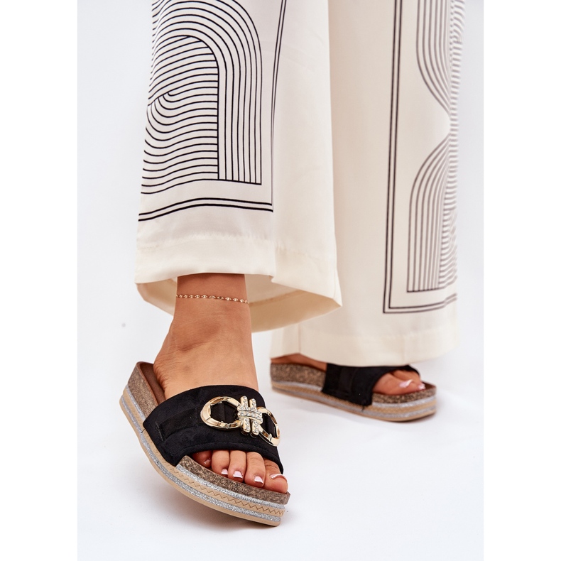 Damenflip Flops auf der Plattform mit Glitzer und goldener Dekoration schwarz 2