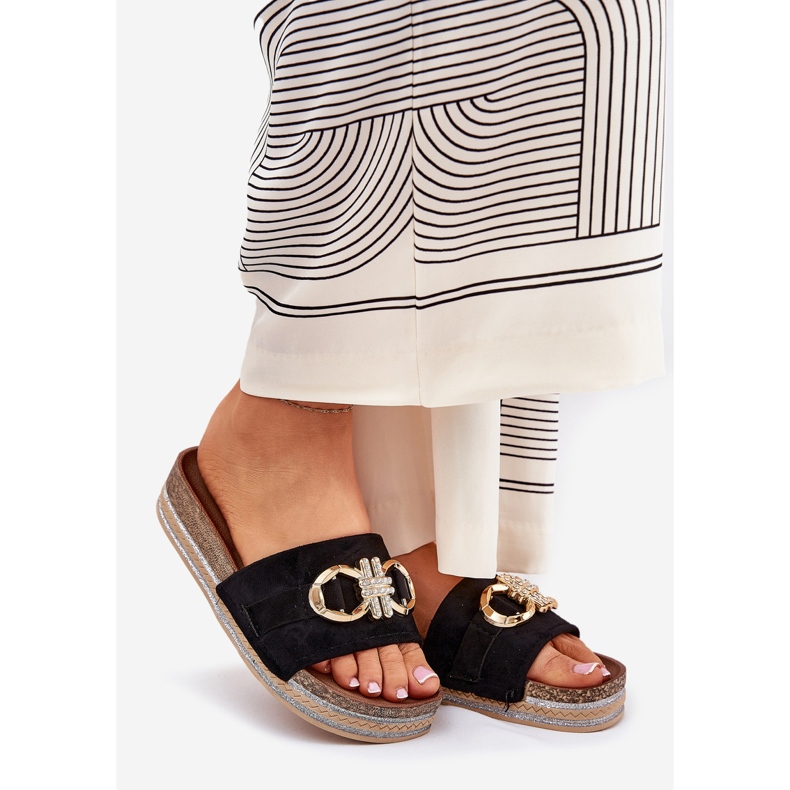 Damenflip Flops auf der Plattform mit Glitzer und goldener Dekoration schwarz 1