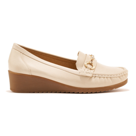 Beige Damen-Slipper mit Keilabsatz und Goldverzierung 3