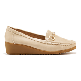 Beige Damen-Slipper mit Keilabsatz und Goldverzierung 3