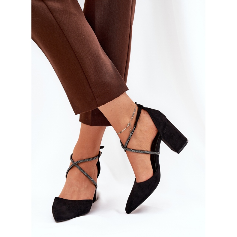 Pumpen mit spitzen Zehen und dekorierten Streifen auf der Säule schwarz 2