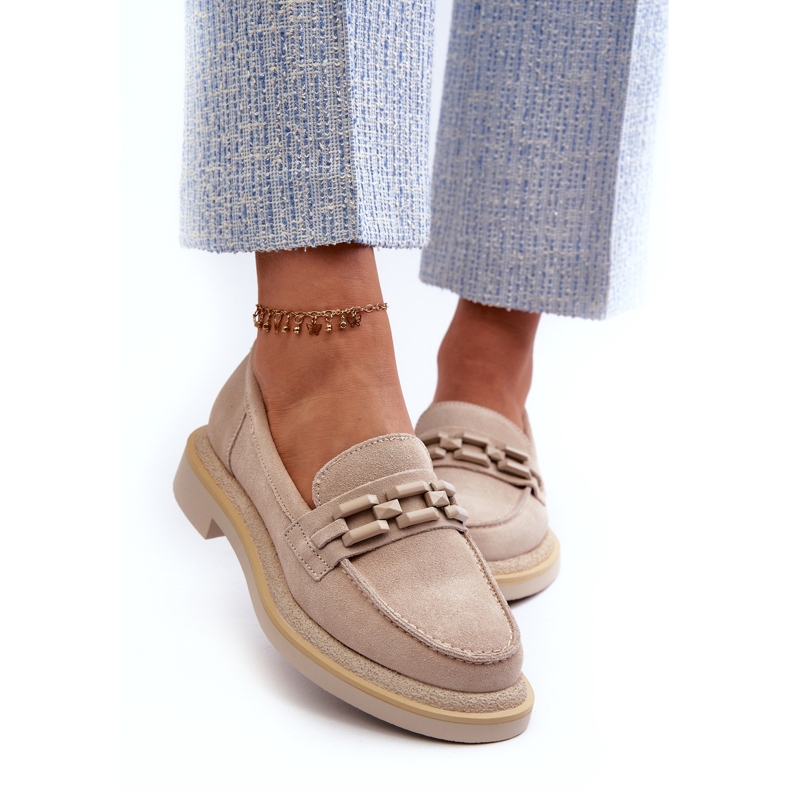 S.Barski Mit flach haspeleiche Lederlaafer von Frauen mit Dekoration TW101 Leicht Beige 2