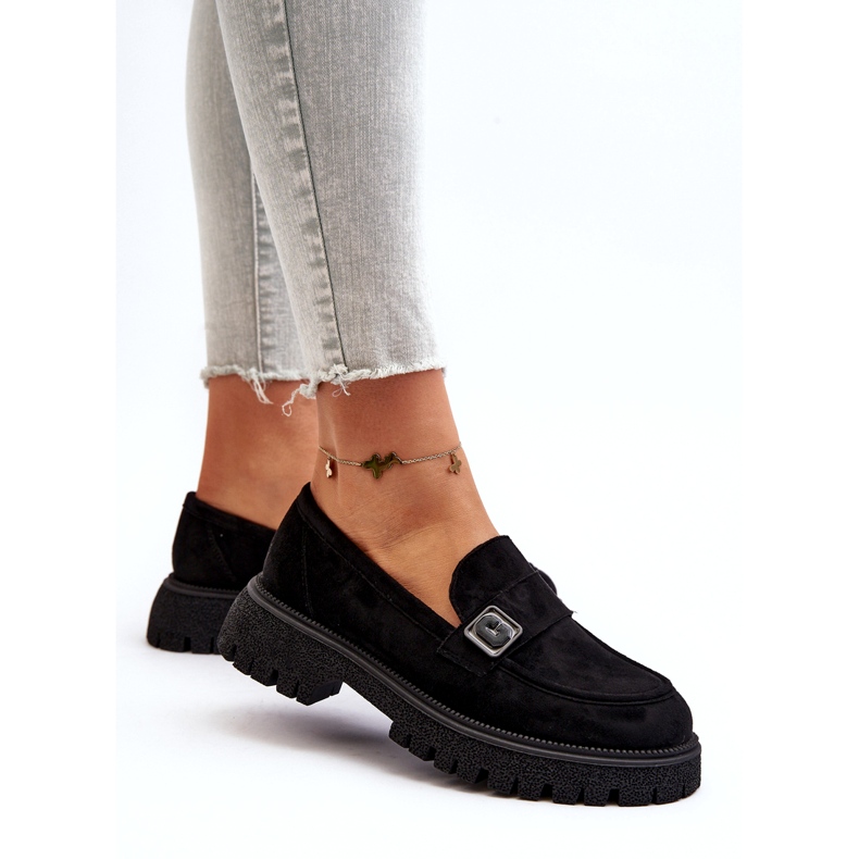 Vinceza Frauen um Öko-elendäre schwarze Mokassins mit einem dekorativen Gürtel und einem Ledereinsatz 2