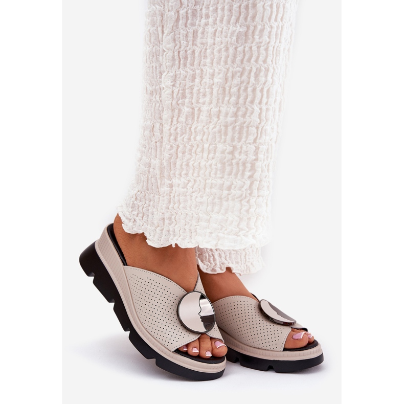 S.Barski Damen-Leder-Hausschuhe mit einer Verzierung von S. Barski LR51-662 Beige 1