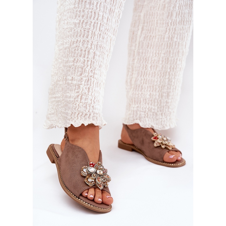 S.Barski Frauensandalen mit flacher Überhüffen mit einer Verzierung von S. Barski Kv27-001 dunkles Beige 2