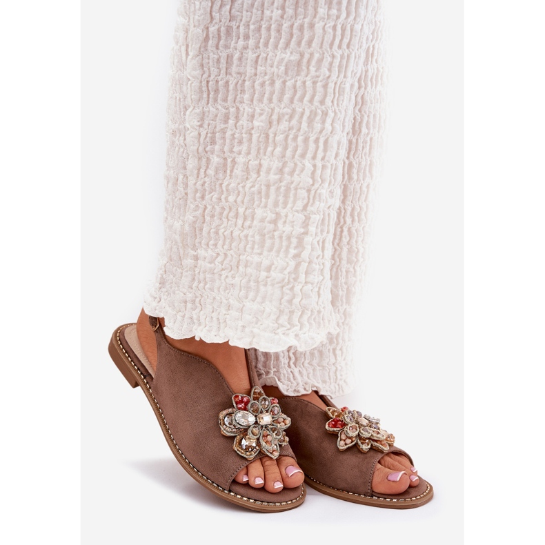 S.Barski Frauensandalen mit flacher Überhüffen mit einer Verzierung von S. Barski Kv27-001 dunkles Beige 1