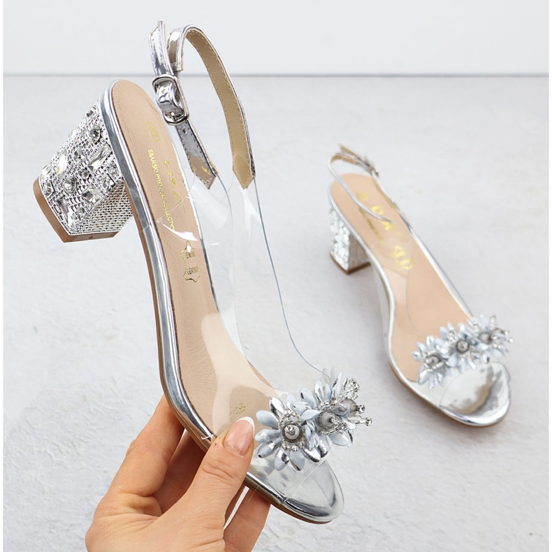 Transparente Frauensandalen auf einem Pfosten mit Zirkonen Silber S.Barski MR51-725 silber- 1