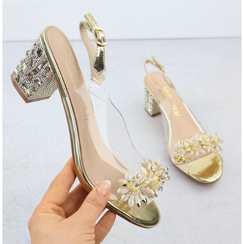 S.Barski Transparente Frauensandalen auf einem Pfosten mit Zirkons Złote S. Barski MR51-725 golden 1