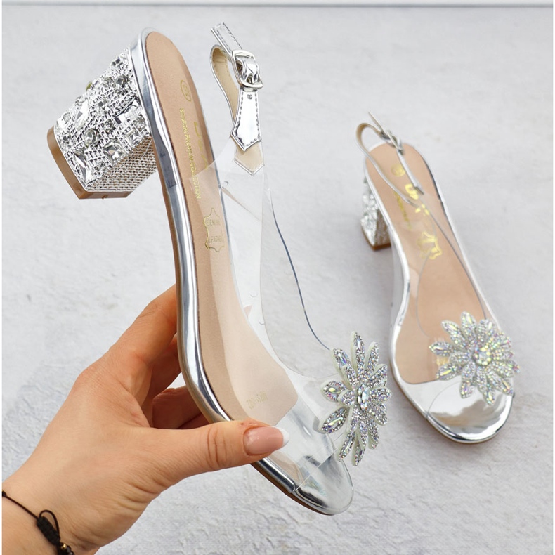 Transparente Frauensandalen auf einem Pfosten mit Zirkonen Silber S.Barski MR51-002 silber- 1