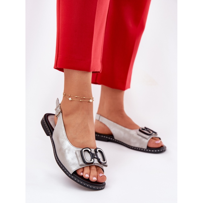 Jezzi Flache Sandalen mit Dekoration Eco Leder Silber 2