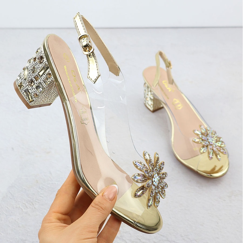 S.Barski Transparente Frauensandalen auf dem Pfosten mit Zirkonen Złote D &amp; A von S. Barski MR51-002 golden 1