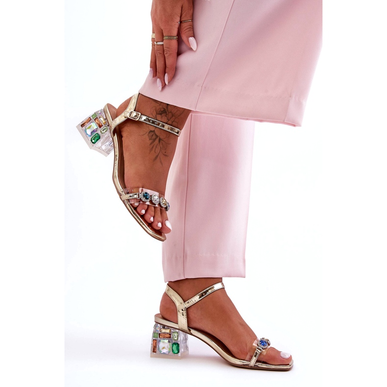 Damensandalen auf High Heels mit Kristallen Golden S.Barski MR1037-01 1