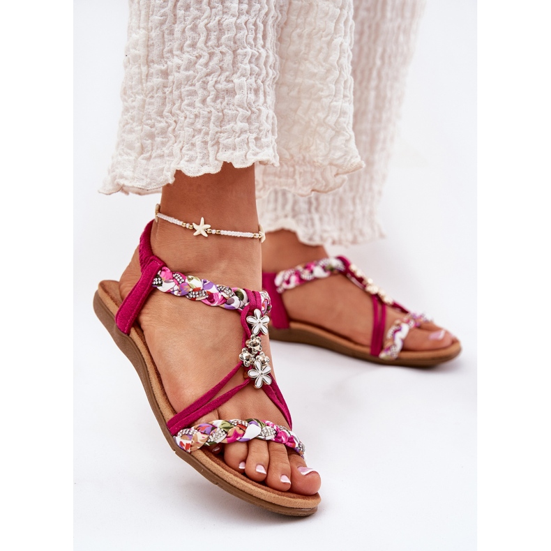Flache Frauensandalen mit geflochtenen Streifen und Stiften Artiker 56C1314 Fuksja rosa 2