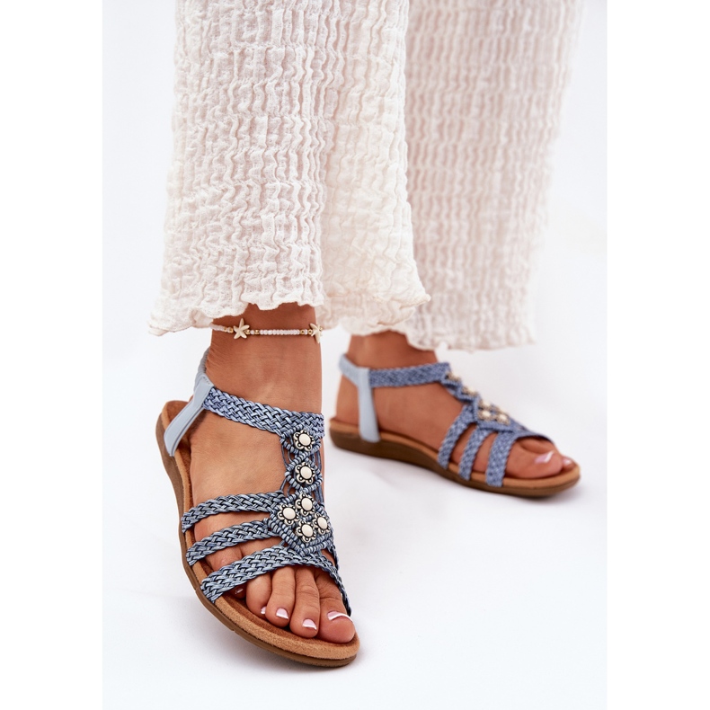 Frauen flache Sandalen mit geflochtenem Artiker 56C1325 Blue Stripes blau 2