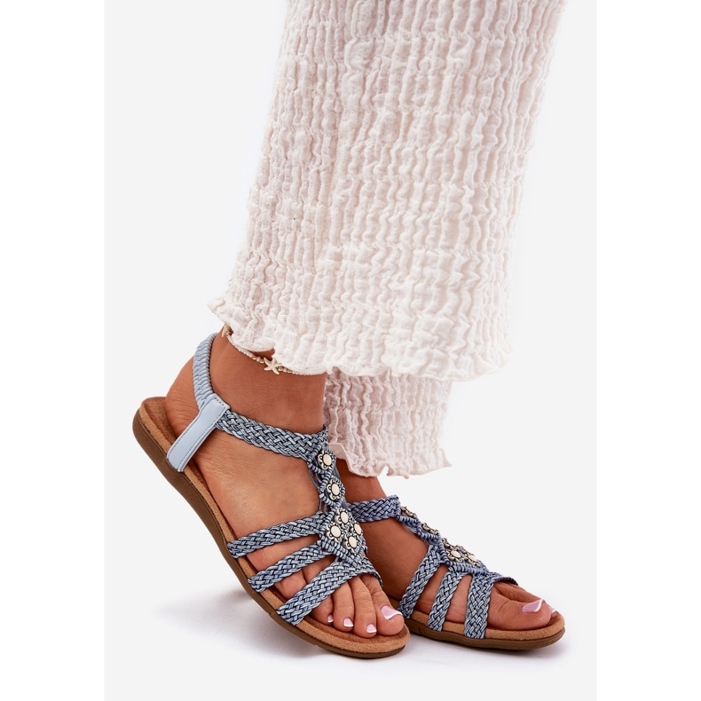 Frauen flache Sandalen mit geflochtenem Artiker 56C1325 Blue Stripes blau 1