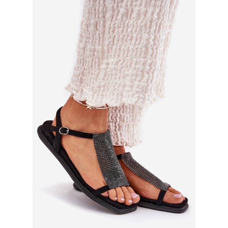 Flache elegante Frauensandalen mit Artiker 56C1370 Kristalle Schwarz 1