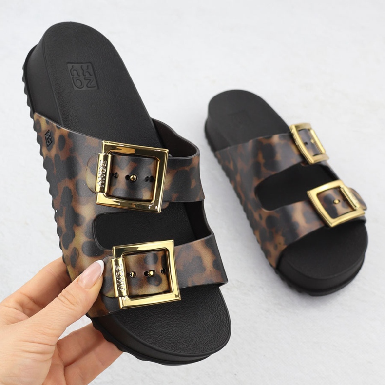 Damenflip Flops mit Pool Strandschnallen mit Leopardendruck brauner Zaxy RR285059 1