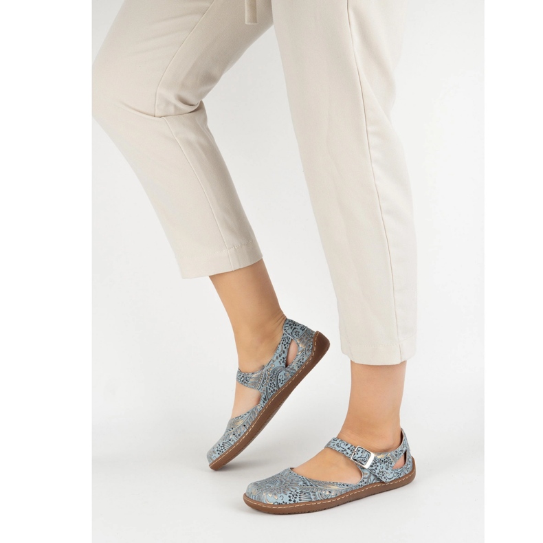 Olivier Barfußschuhe für Frauen aus natürlichen Leder mit Druck 1284 Blau 2