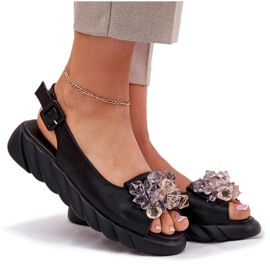 Frauen Ledersandalen mit Artiker 54C1628 Kristalle schwarz 9