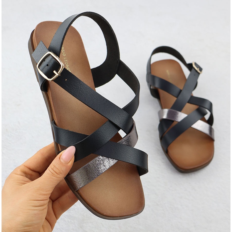 Frauen Sandalen flache Römer schwarze Sergio Leone SK088H 1