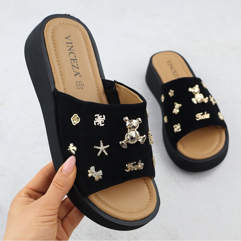 Frauen Lederkeile mit Dekorationen Schwarz Vinceza 66741 1