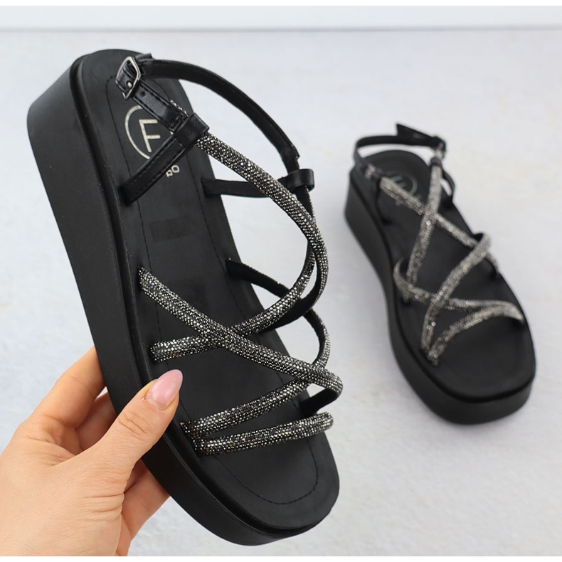 Frauen Sandalen römischer Keil mit Zirkonen schwarz Filippo DS6898 1