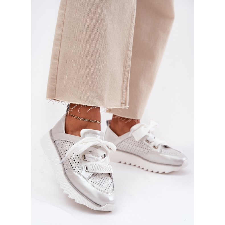 S.Barski Damen-Leder-Sneaker für Frauen auf der Silberplattform LR51-796 silber- 2