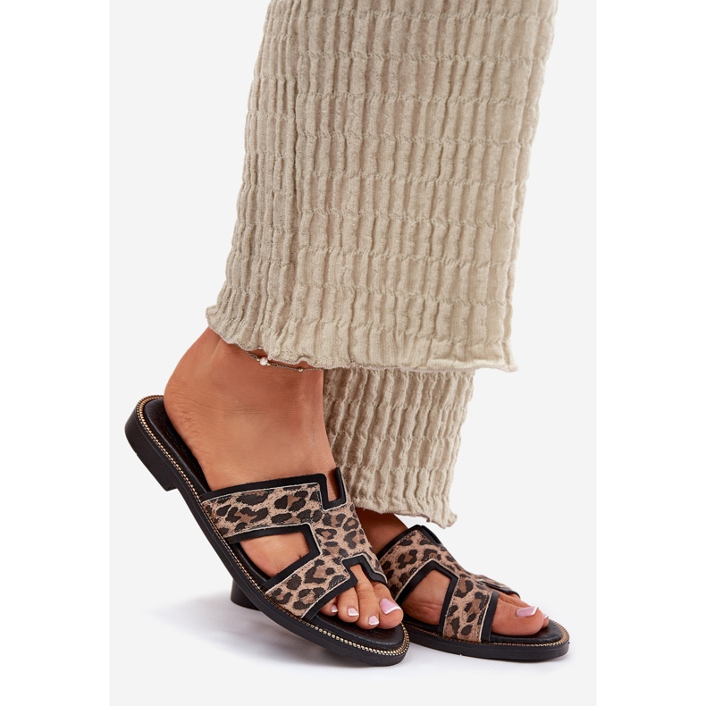 Leder flacher Leopard Flip Flops Zazoo 40383 Schwarz 1