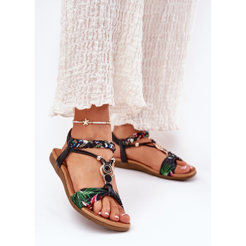 Flache Frauensandalen mit geflochtenem Gürtel und Dekoration Artiker 56C1318 Schwarz 2