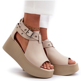 Zazoo 1732 Keilsandaletten aus Leder, Beige 4