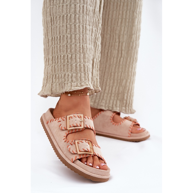 Inna Damenflip Flops mit Schnallen und dekorativen beige Hem 2
