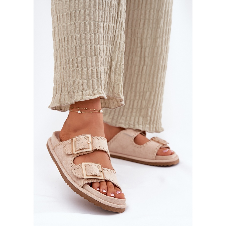 Inna Damenflip Flops mit Schnallen und dekorativen beige Hem 2
