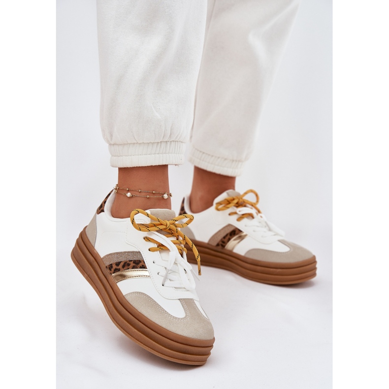 Frauen -Sneaker auf der Plattform mit Double Schnürung weißer Leopardendruck 2
