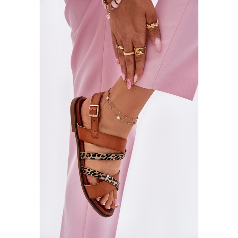 Flache Frauensandalen mit Leopard Leopards Sergio Leone SK086H Kamelstreifen braun 2