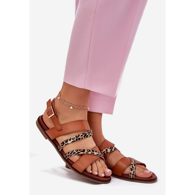 Flache Frauensandalen mit Leopard Leopards Sergio Leone SK086H Kamelstreifen braun 1