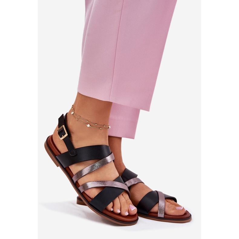 Flach -getötete Frauensandalen mit Sergio Leone SK086H Streifen schwarz 1