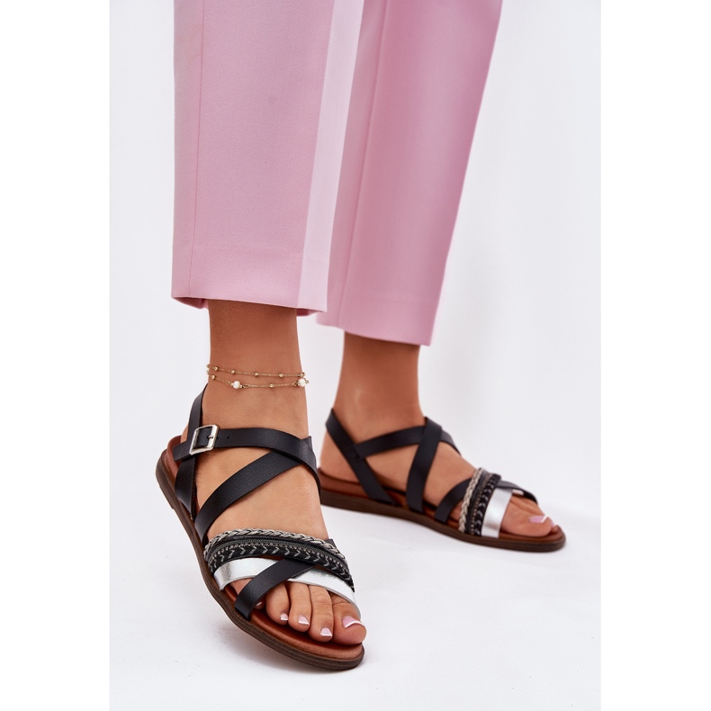 Frauen flache Sandalen mit Sergio Leone SK087H Streifen schwarz 2