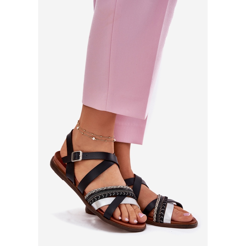 Frauen flache Sandalen mit Sergio Leone SK087H Streifen schwarz 1