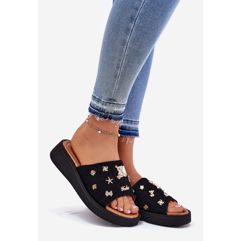 Frauen Wildleder Flip Flops mit Vinceza 66741 Schwarze Stifte 1