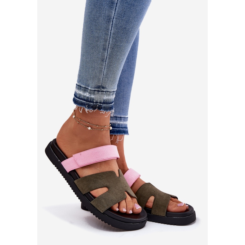 Damenflip Flops mit Vinceza 17401 Pink-Pink-Klettverschluss grün 1