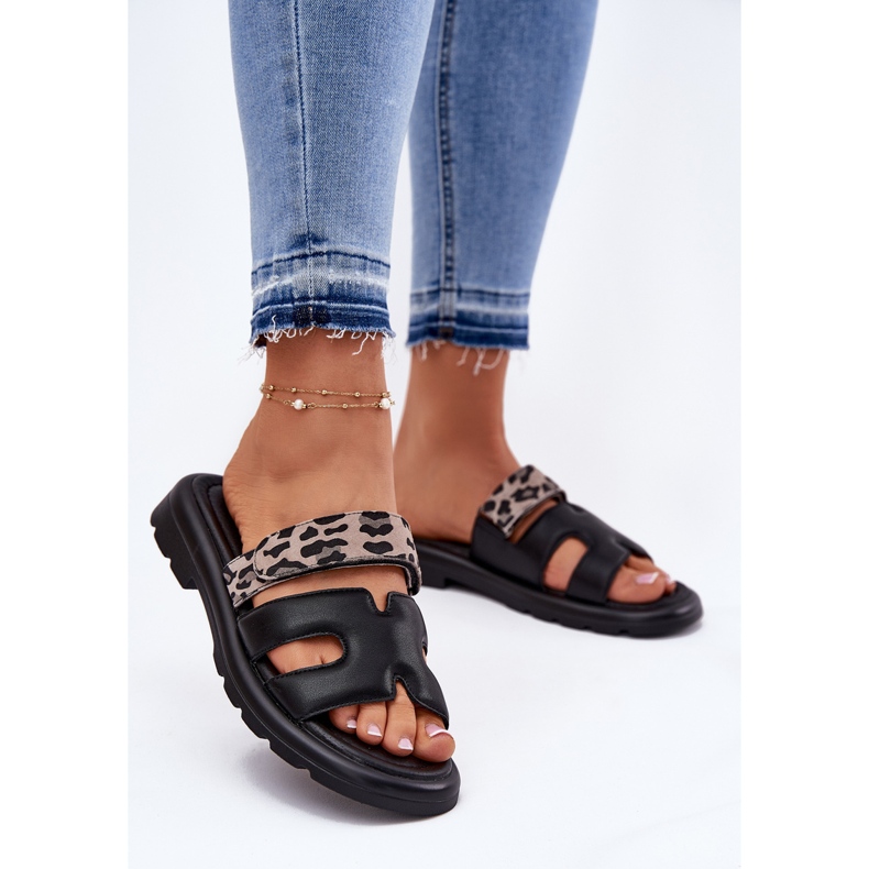 Frauen Leder Flip Flops Vinceza 66769 Schwarzer Leopard 2