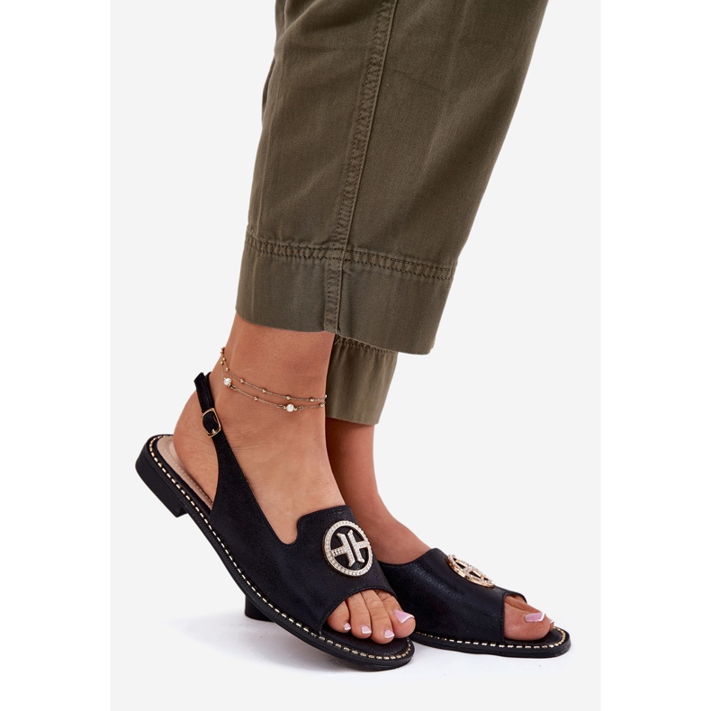 S.Barski Frauensandalen mit flacher Überhüffen mit einem Ornament S. Barski Kv51-002 Schwarz 1