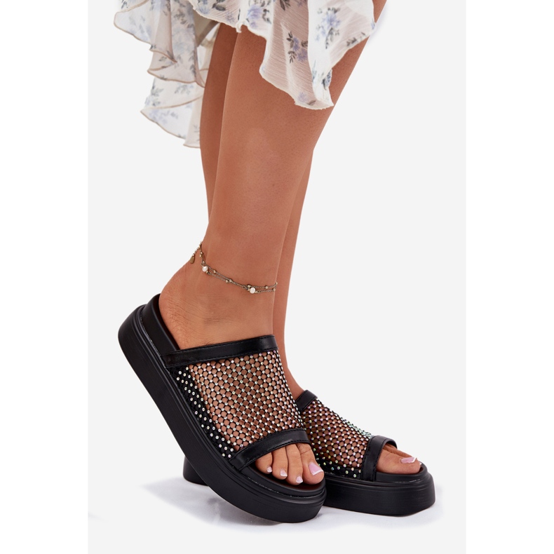 S.Barski Dekorierte Frauenflip-Flops auf der Plattform mit Mesh S. Barski My51-016 Schwarz 1