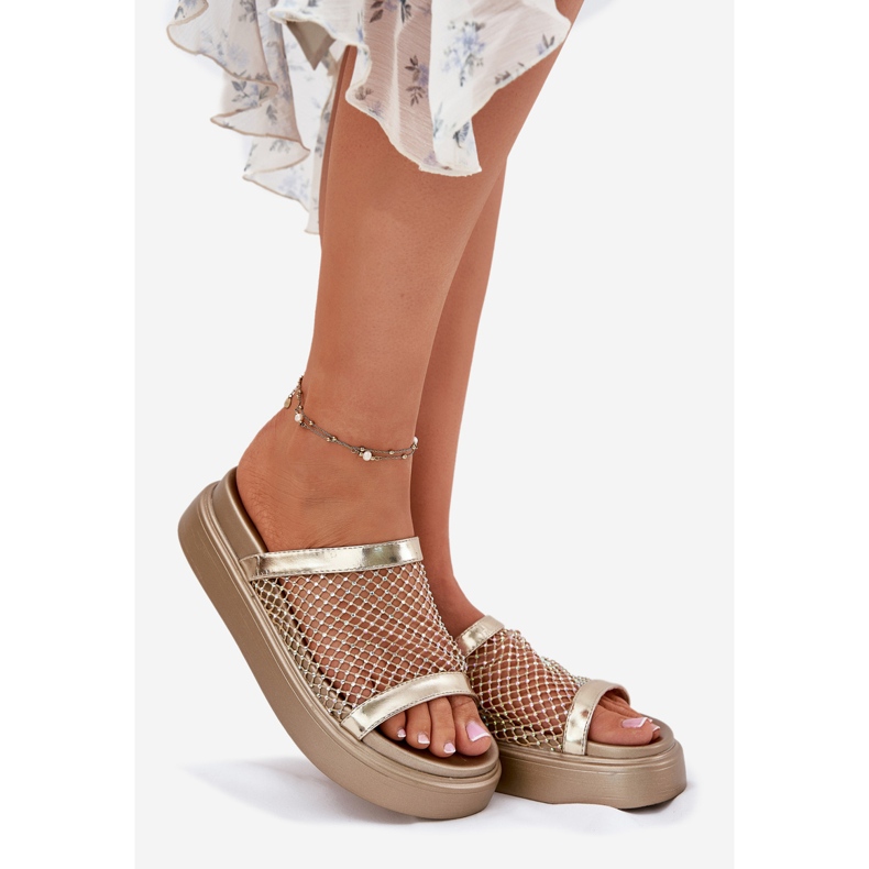 S.Barski Dekorierte Frauenflip-Flops auf der Plattform mit Mesh S. Barski My51-016 Złote golden 1