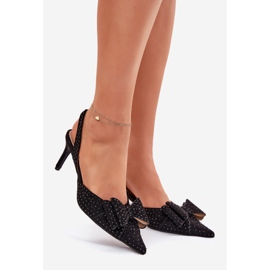 Dekorierte High Heels mit offener Ferse und schwarzer Bug 1