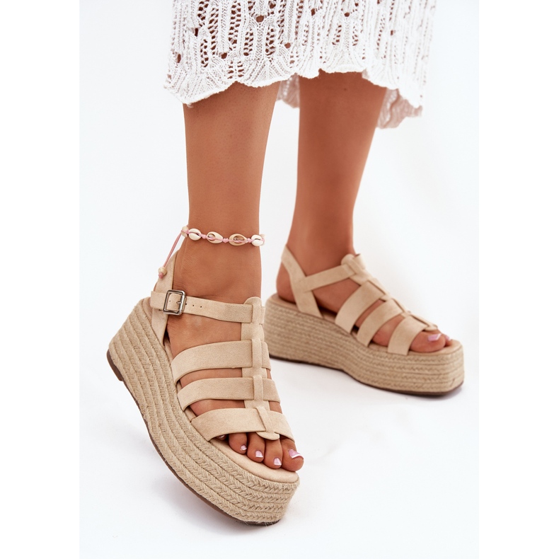 Frauensandalen mit Streifen und Geflecht Beige 2