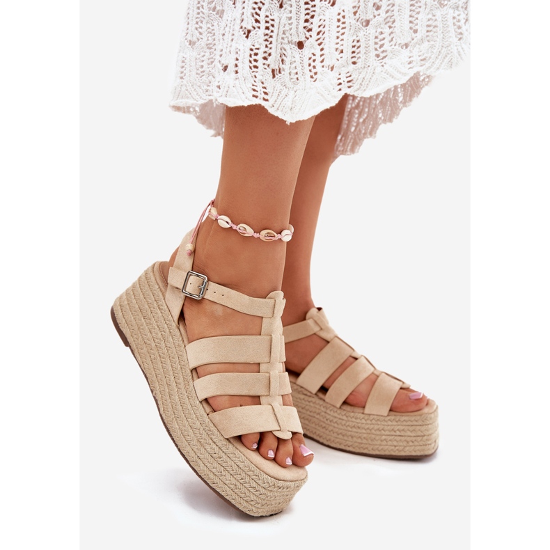 Frauensandalen mit Streifen und Geflecht Beige 1