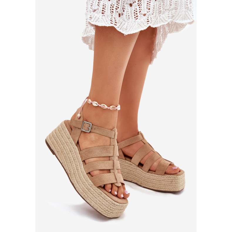 Frauensandalen mit Streifen und Khaki -Geflecht beige 1